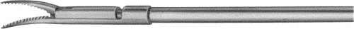 B. Braun Micro Ear Forceps (Micro grasping Forceps), curved to left, 150 mm (6"), with tubular shaft, work. length: 80 mm, jaw length: 5 mm, jaw width: 0.60 mm, serrated, alligator (OG338R)