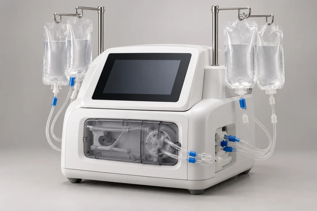 Home peritoneal dialysis cycler with touchscreen, fluid bags and connected tubing