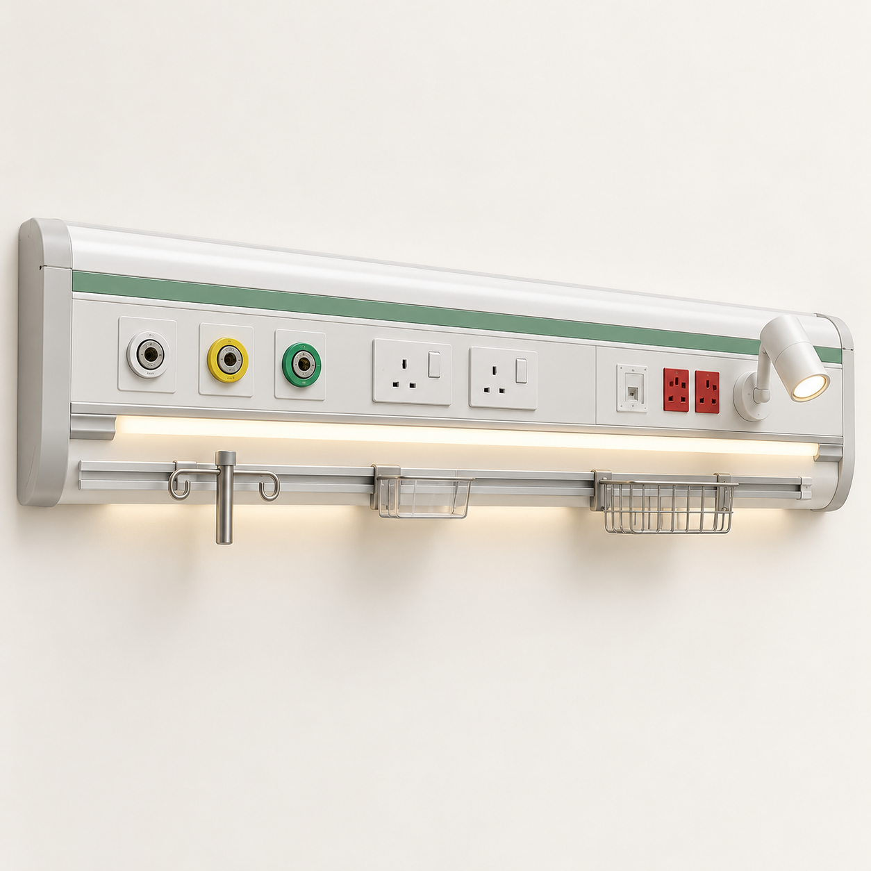 Horizontal patient bedhead medical supply unit with gas terminals, electrical sockets, light and accessory rail.