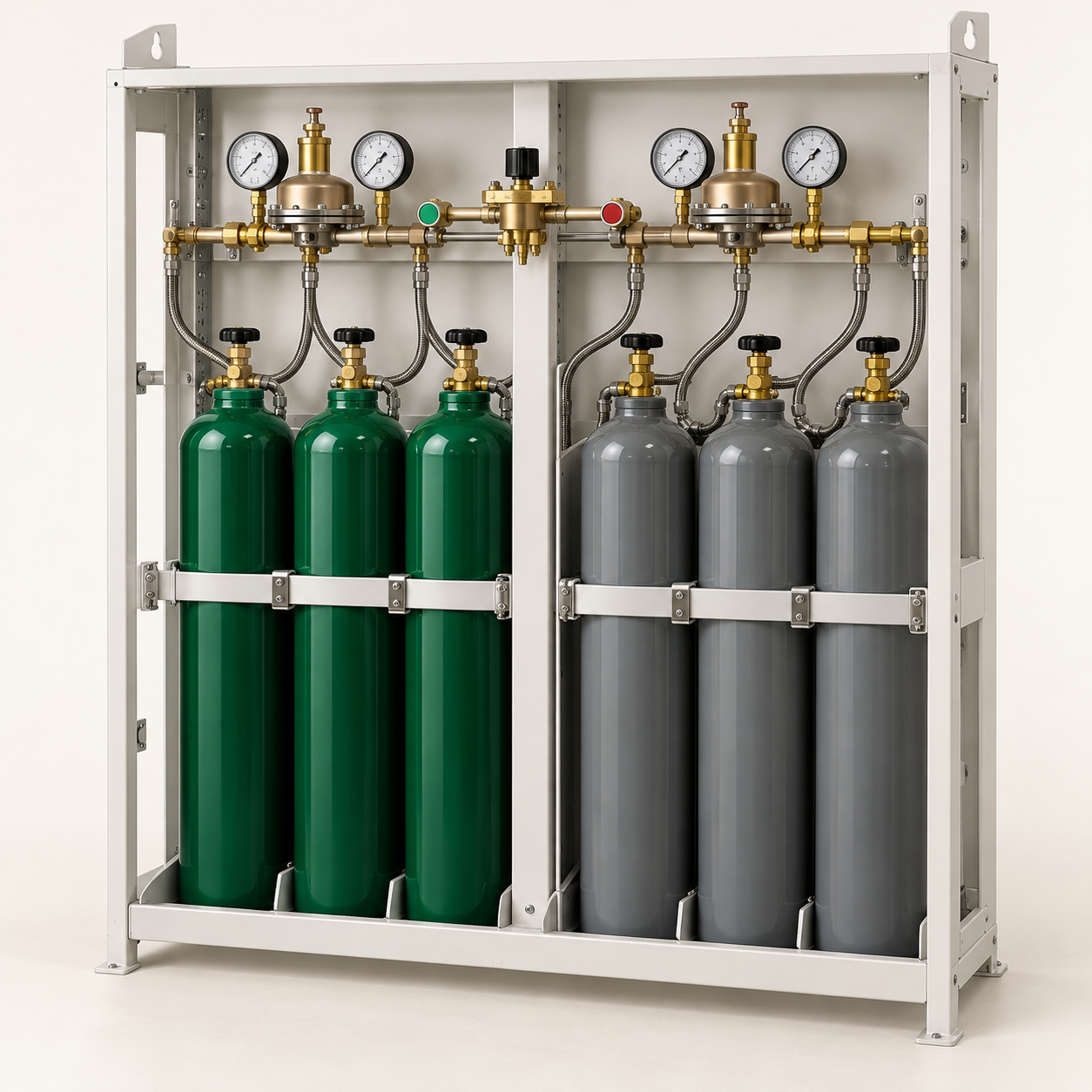 Automatic medical gas manifold with duty and reserve cylinder banks, regulators and pressure gauges.