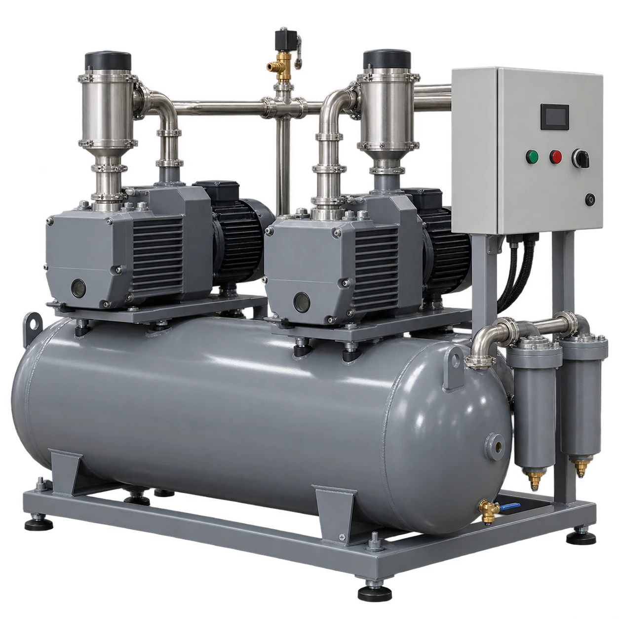Generic unbranded medical vacuum plant with rotary-vane pump units, receiver tank and filtration housings