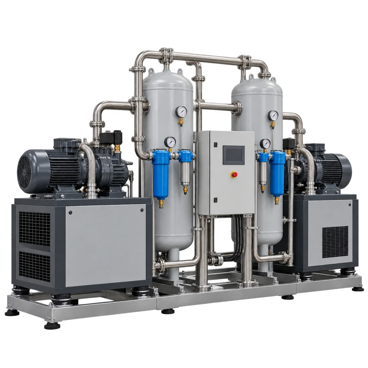 Generic unbranded central medical air plant with compressors, air-treatment columns and a control cabinet