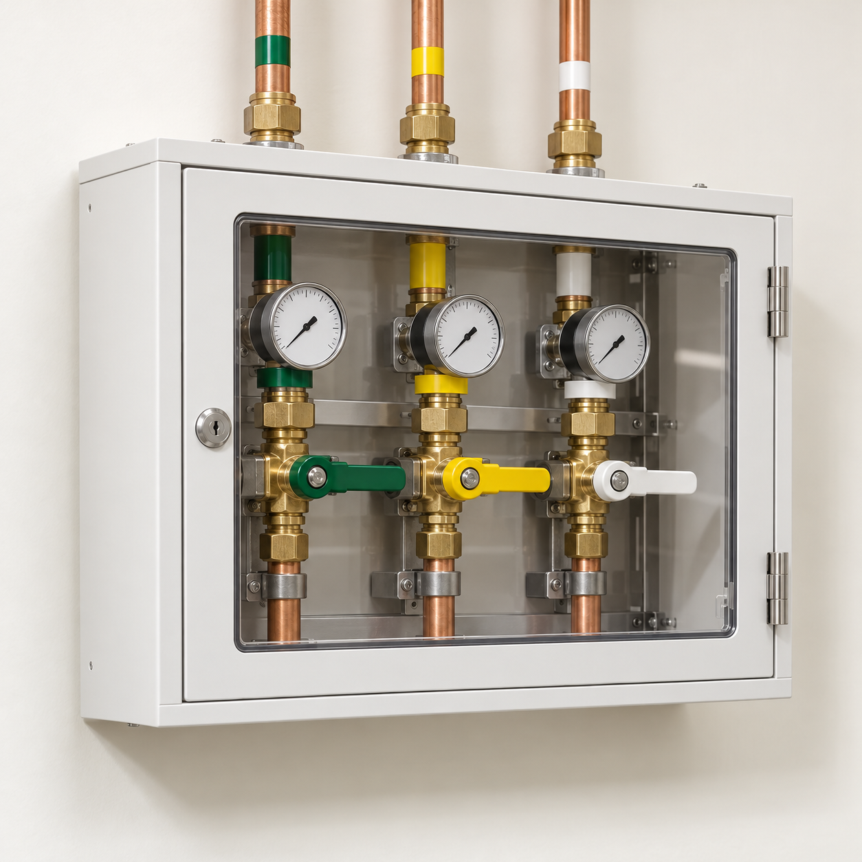 Medical gas zone service unit cabinet with gas isolation valves and pressure gauges.