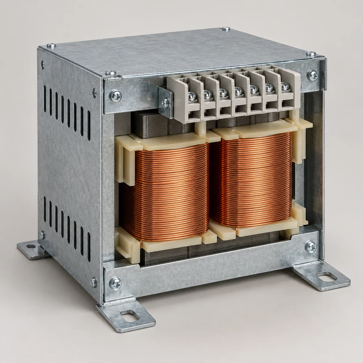 Open-frame electrical isolation transformer with copper windings and terminal block