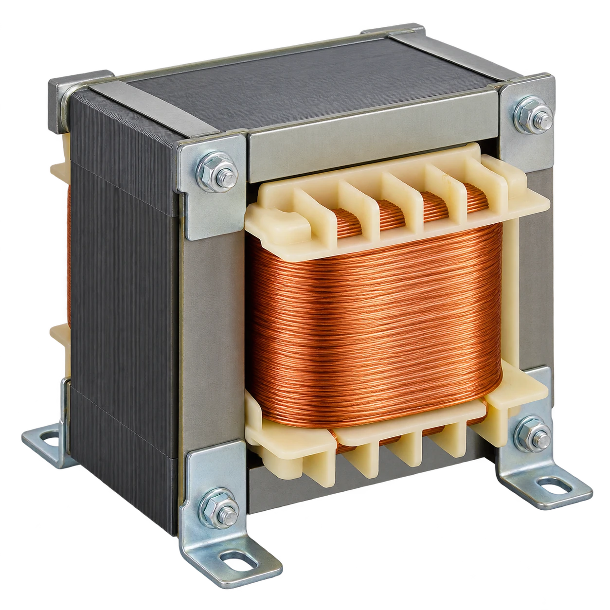 Generic unbranded open-frame isolation transformer with visible copper winding and insulated mounting brackets