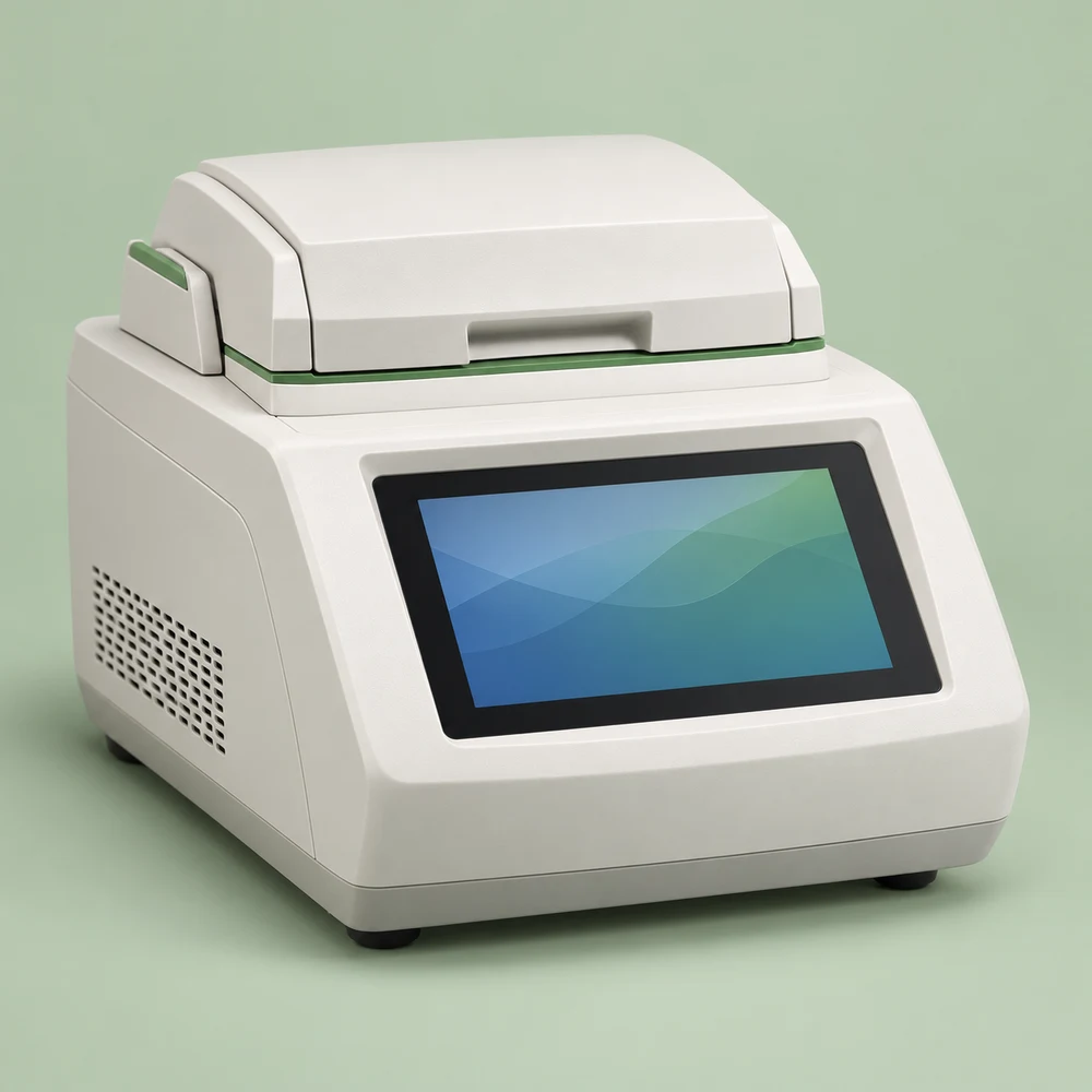 Compact benchtop PCR thermal cycler with heated lid and front touchscreen