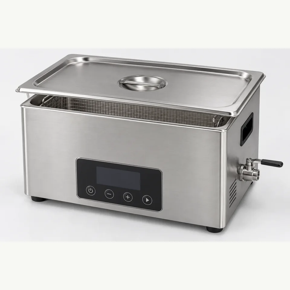 Benchtop stainless-steel ultrasonic cleaner with a fitted lid and control panel