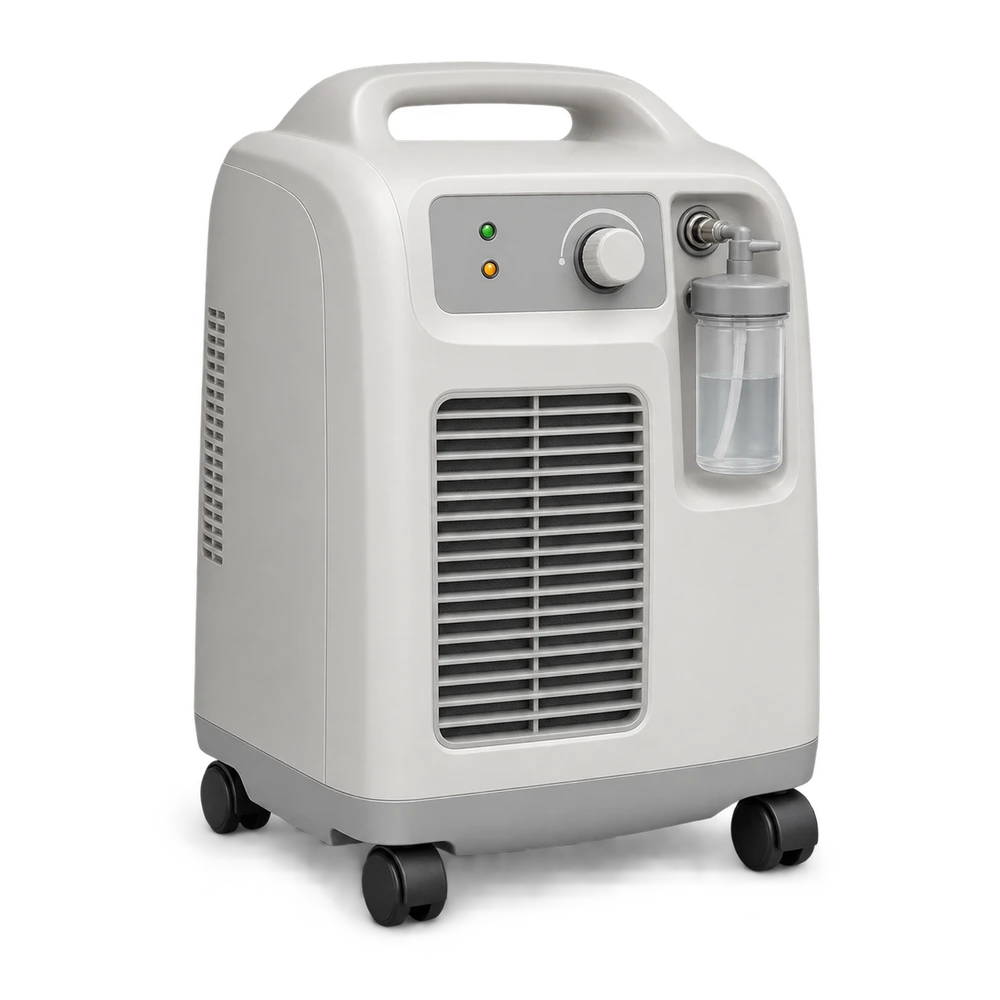 Stationary oxygen concentrator with front controls and caster base