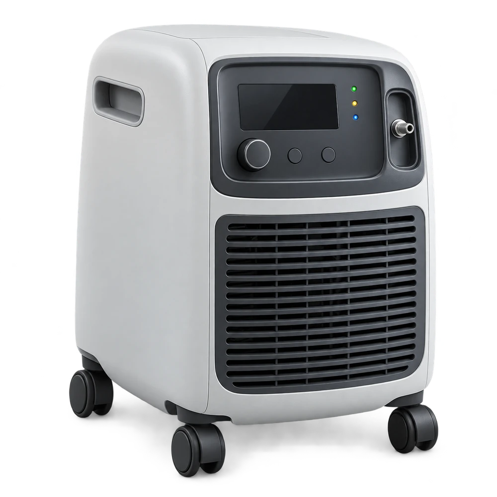 High-capacity stationary oxygen concentrator with two flow controls and wheeled base