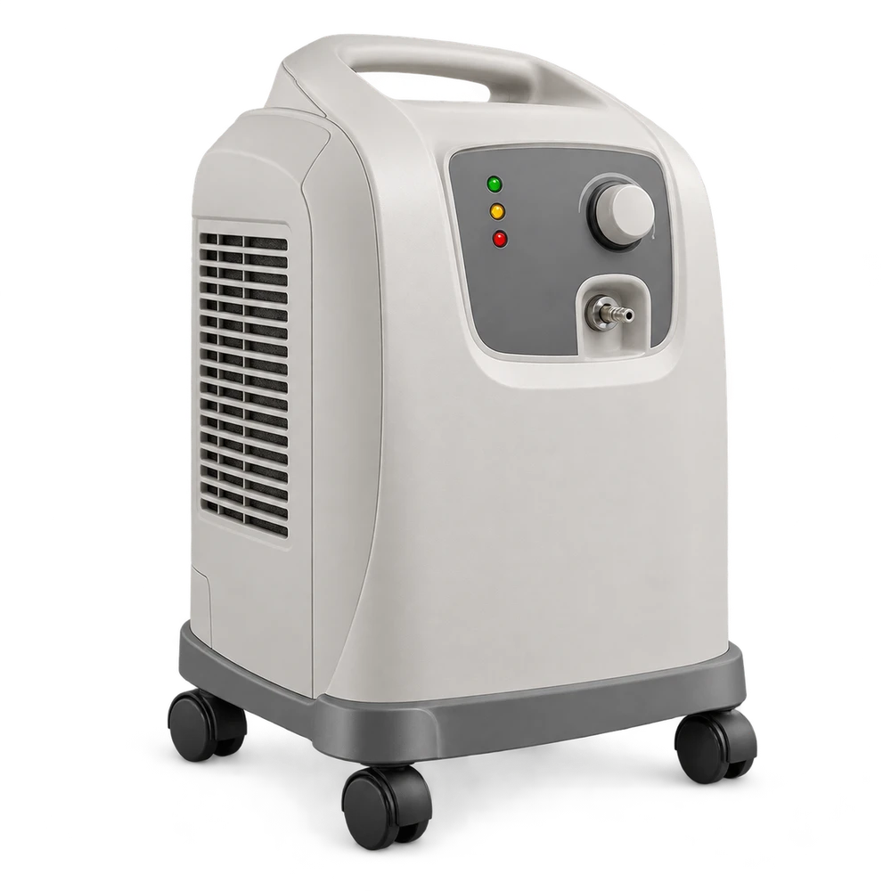 Stationary oxygen concentrator with front control panel and wheeled base