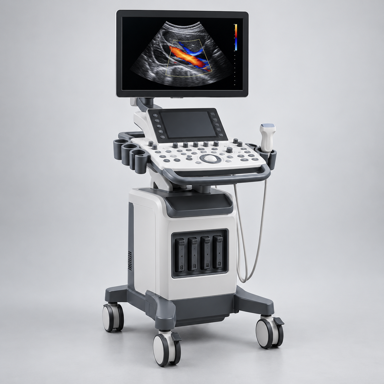 Cart-based ultrasound scanner with a display, control console, probe holders and a Doppler colour-flow image