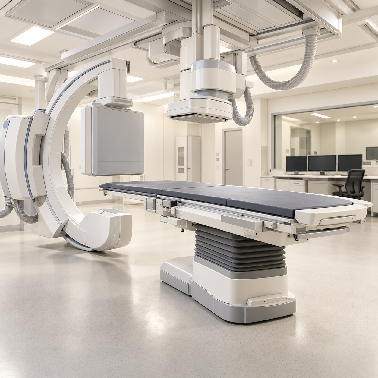 Fixed fluoroscopy suite with a tilting patient table and C-arm imaging assembly