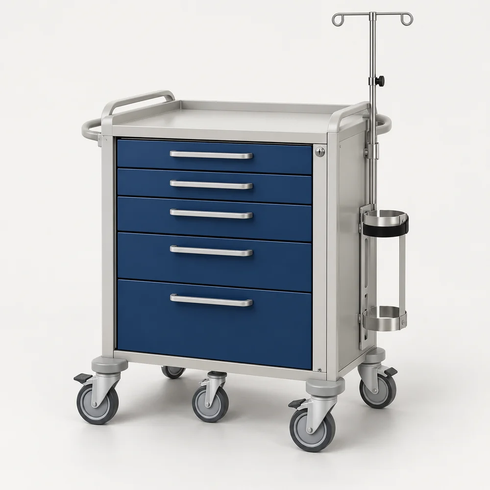 Mobile emergency cart with drawers, an IV pole and side-mounted accessory holders