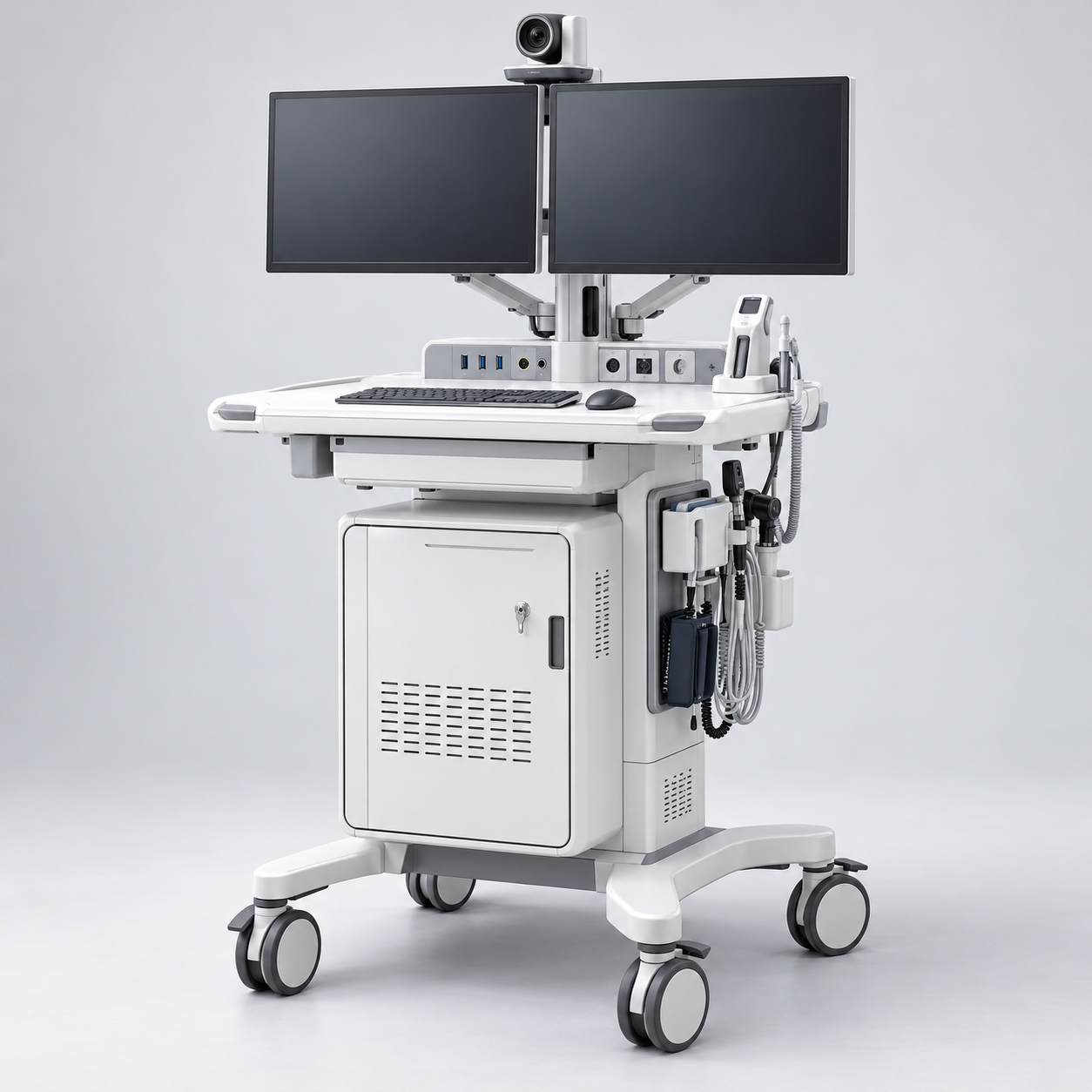 Mobile telemedicine cart with dual displays, camera mount, enclosed equipment storage and peripheral bay