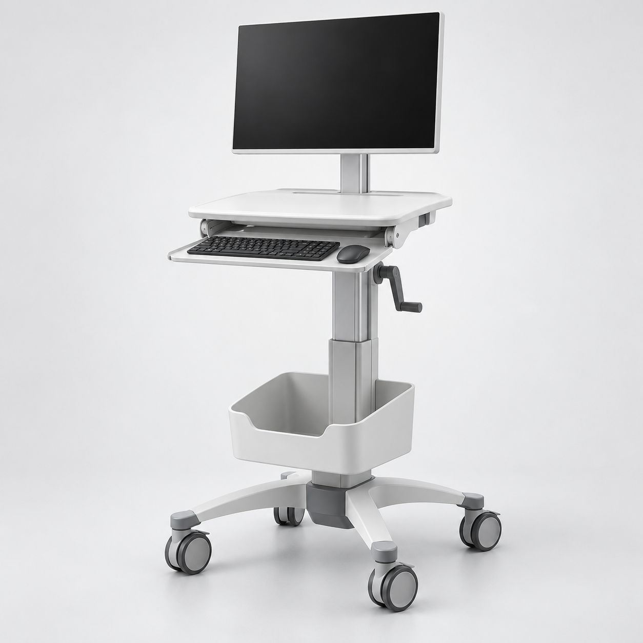 Non-powered mobile clinical computing workstation with monitor, keyboard shelf, storage and caster base