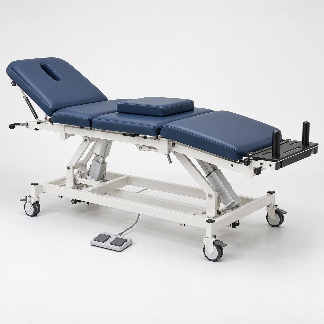 Four-section electric physiotherapy traction table with adjustable head and leg sections and traction mounting board