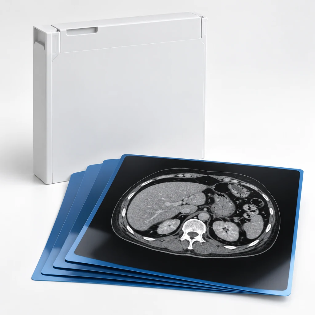Dry laser radiography film cartridge and blue-base sheets with a CT image