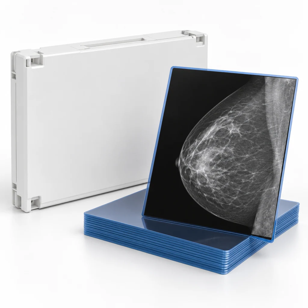 Dry mammography imaging film cartridge and blue-base film sheets
