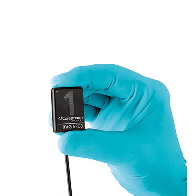 Carestream Dental RVG 6200 intraoral X-ray sensor shown in a gloved hand