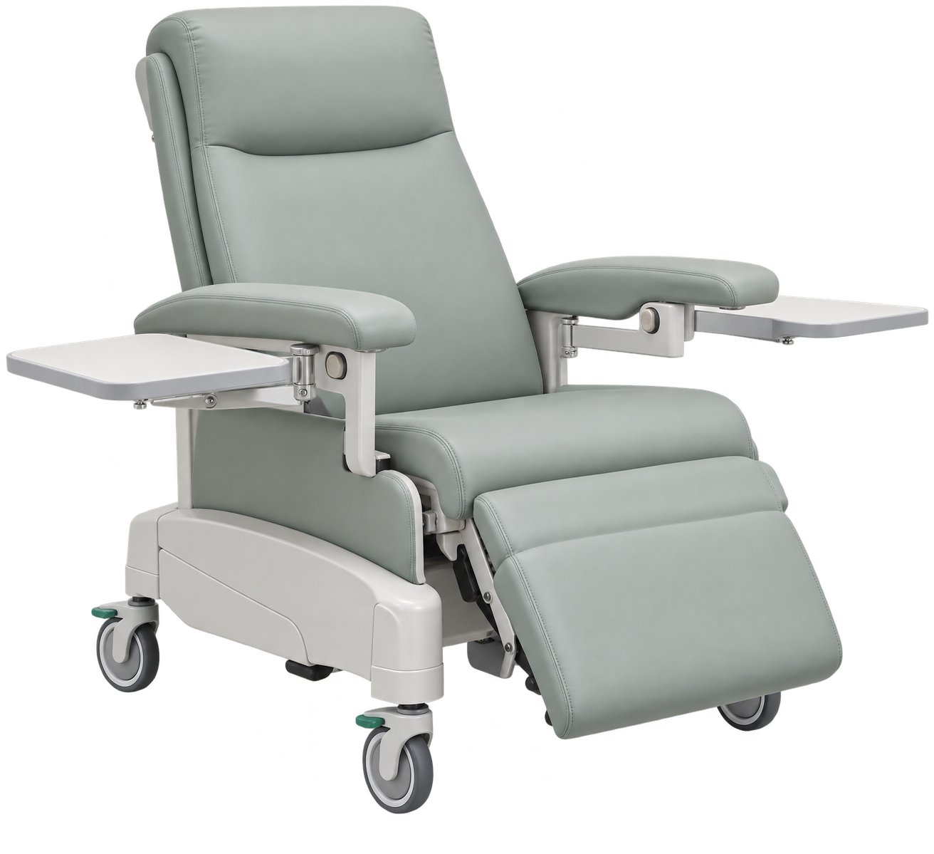 Pale grey medical treatment recliner with swing-away padded arms, fold-down side tables, footrest and casters