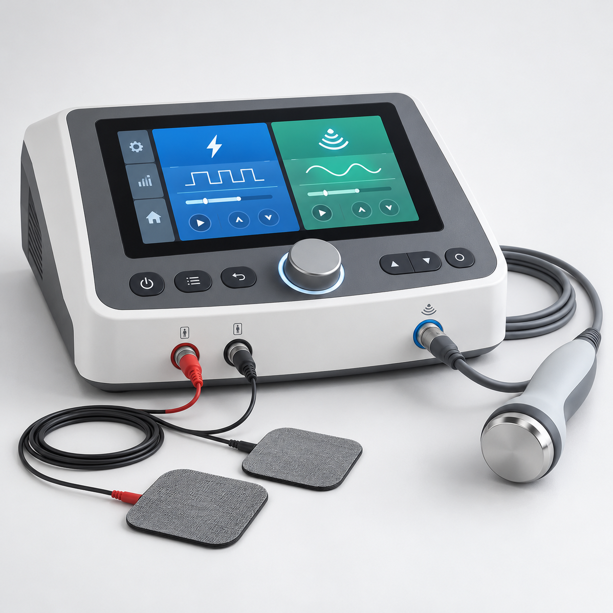 Portable physiotherapy system with touchscreen, therapy leads and ultrasound applicator