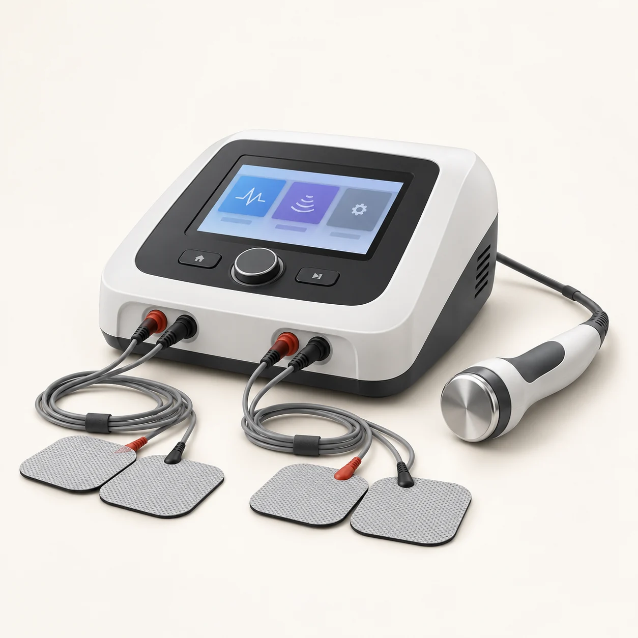 Compact electrotherapy and ultrasound system with treatment leads and applicator