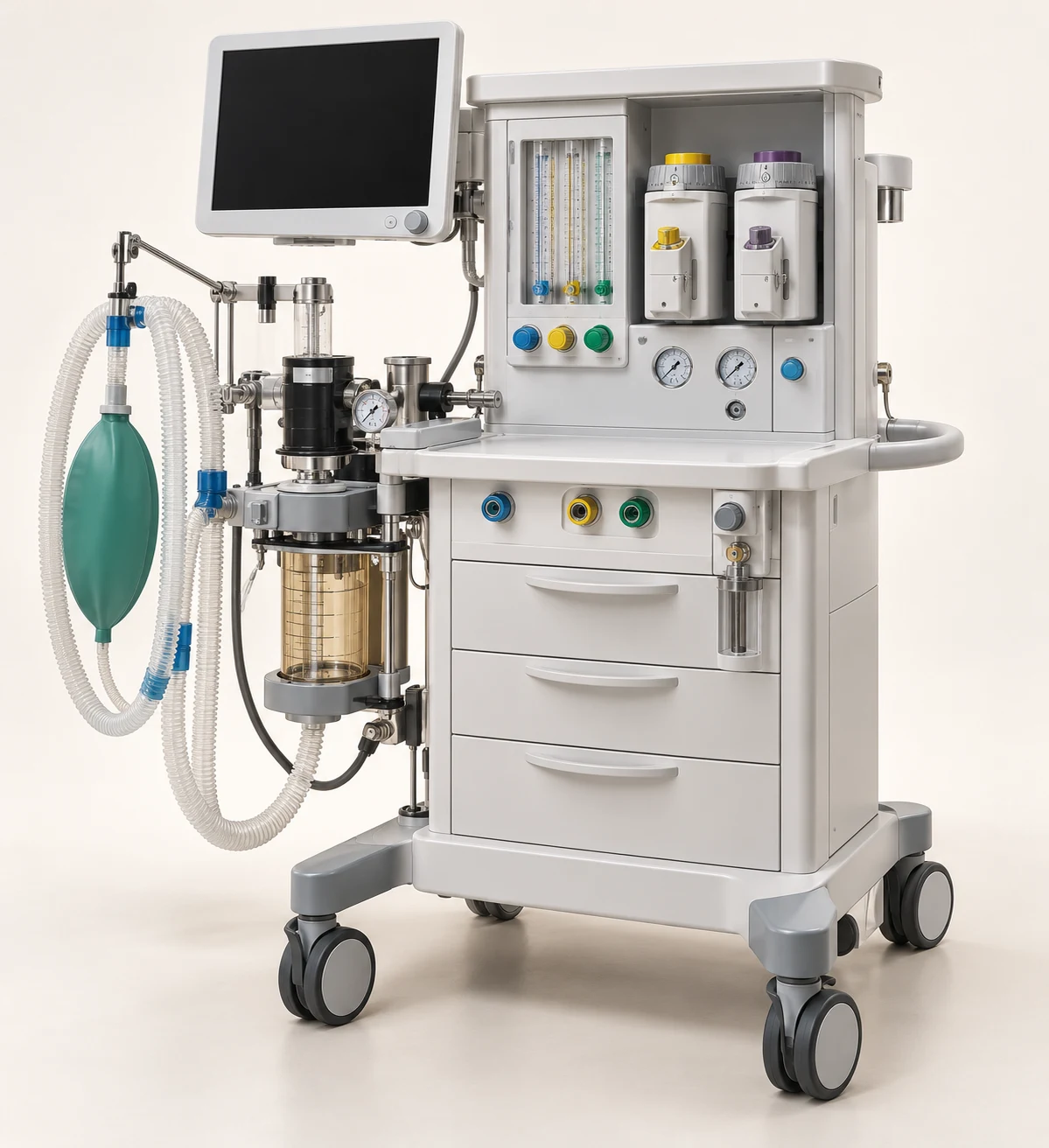 Anesthesia workstation with integrated display, breathing circuit and flow controls