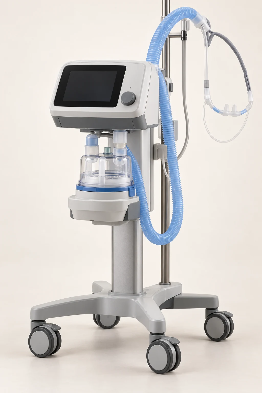 High-flow respiratory humidifier on a wheeled stand with humidifier chamber and tubing