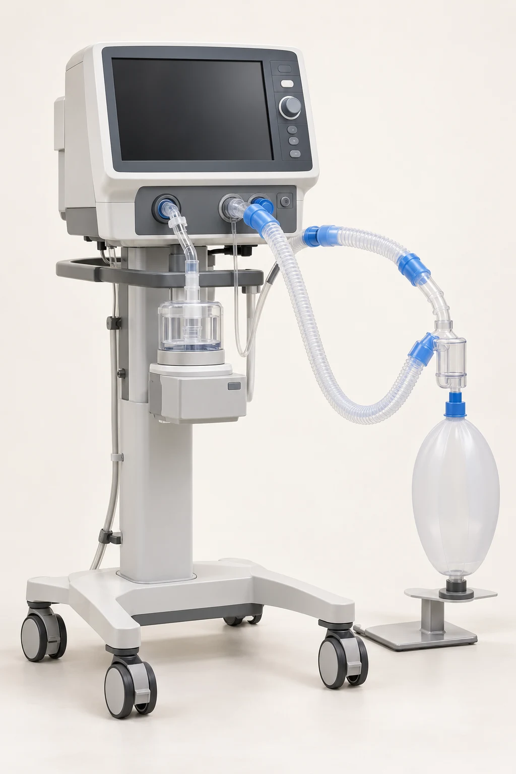 Intensive care ventilator on a wheeled stand with breathing circuit