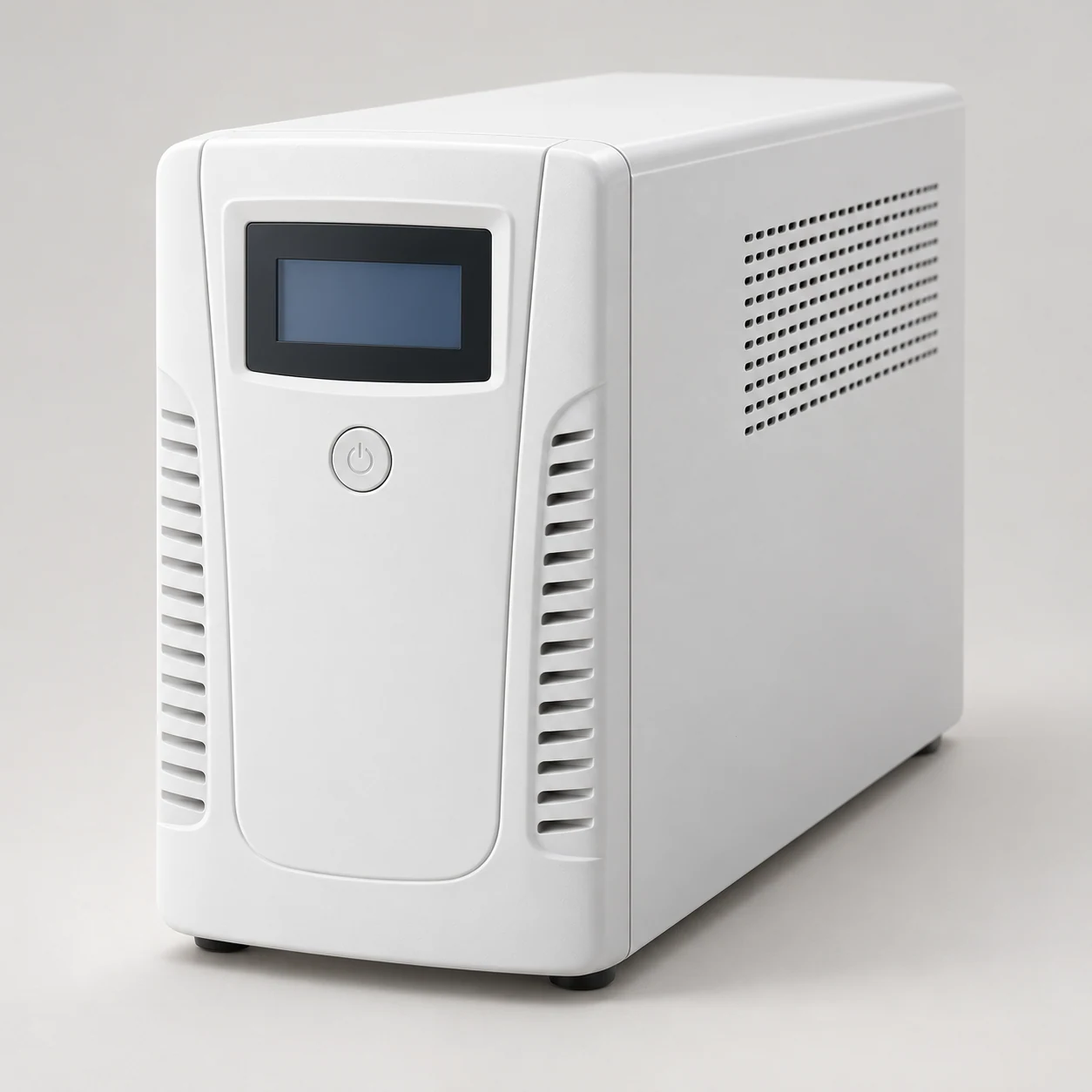 Compact white tower uninterruptible power supply with a front status display