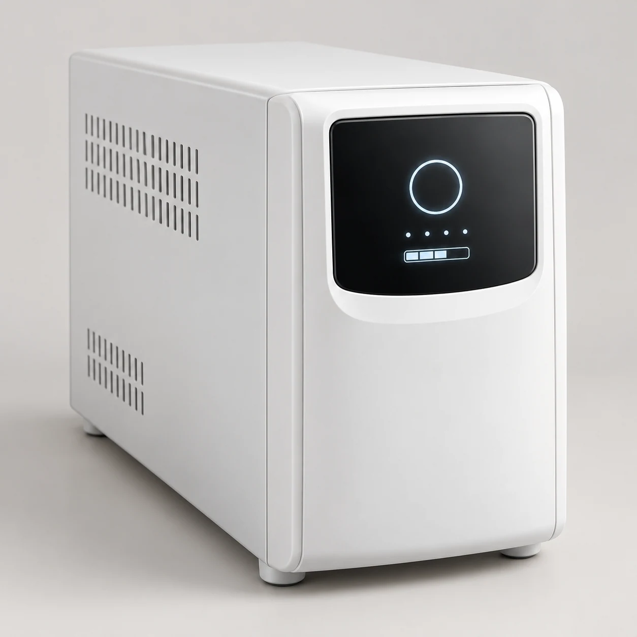White medical power backup tower with a front status display and ventilation