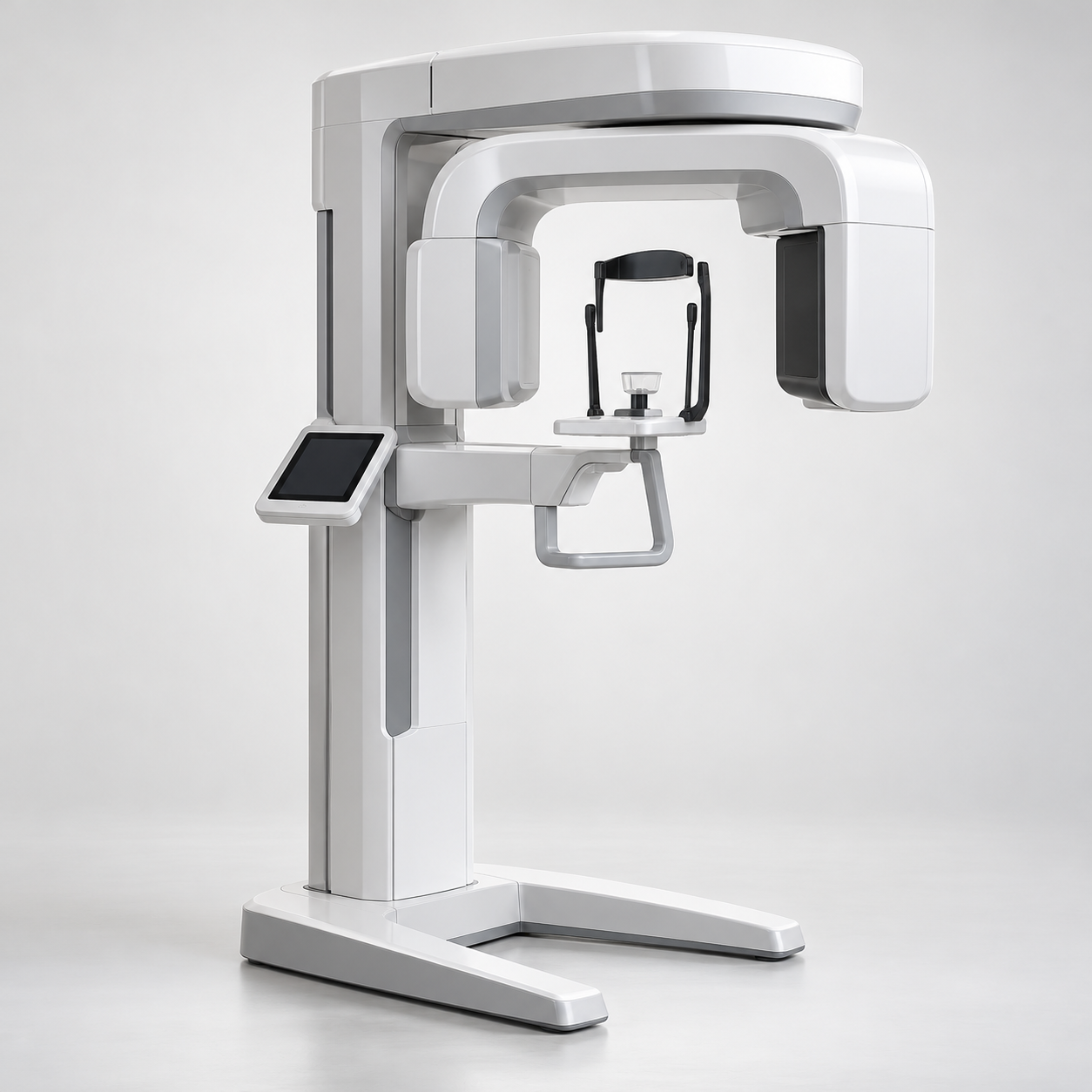 Upright dental CBCT unit with an open imaging gantry, patient supports and a control panel