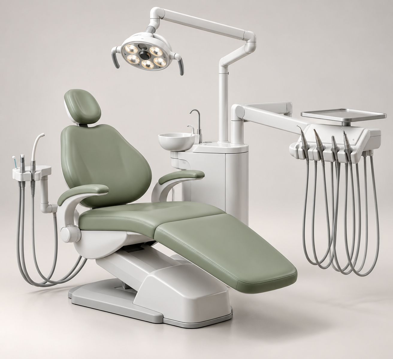 Dental treatment centre with upholstered chair, operating light and delivery instruments