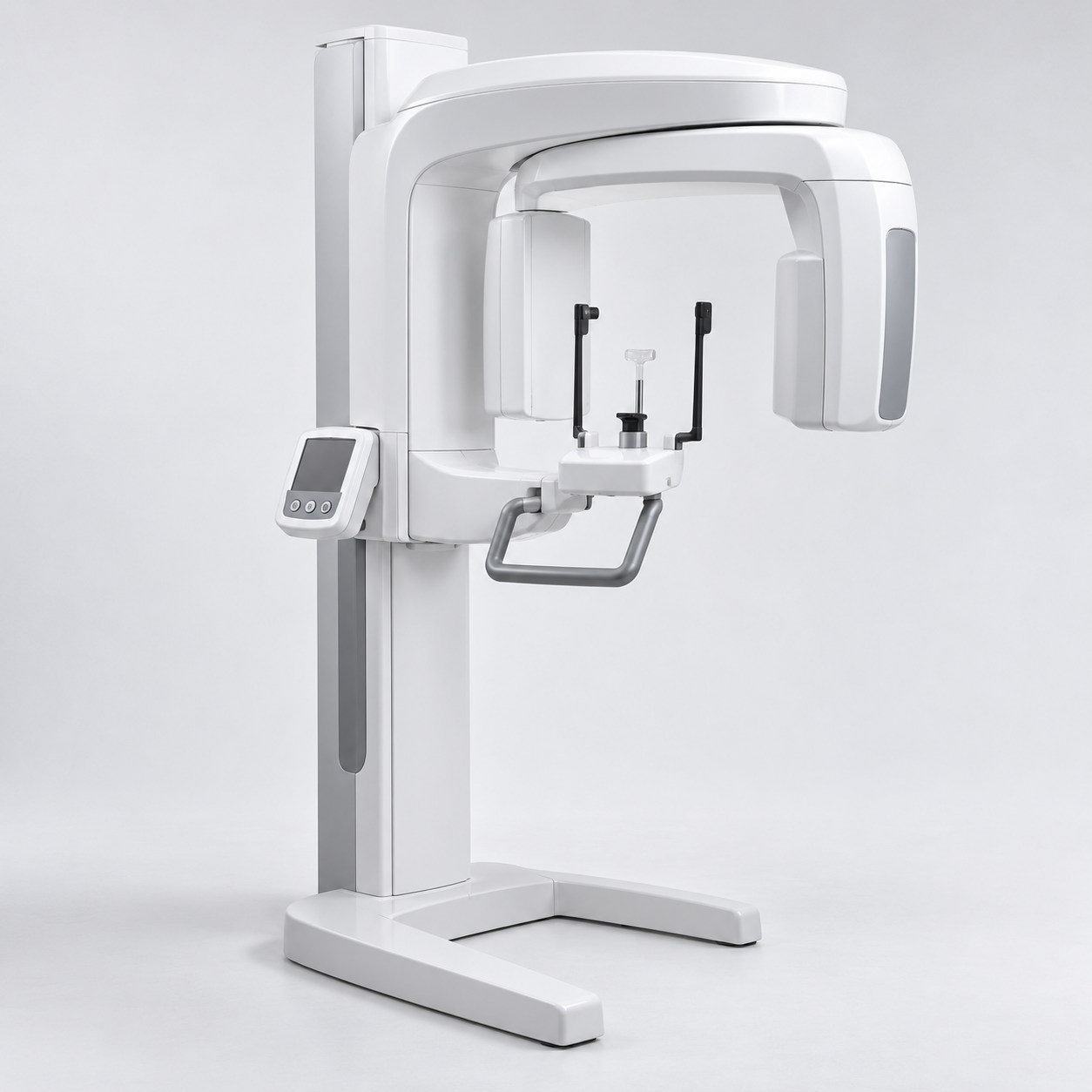 Upright panoramic dental X-ray unit with an open positioning area, chin rest and control panel