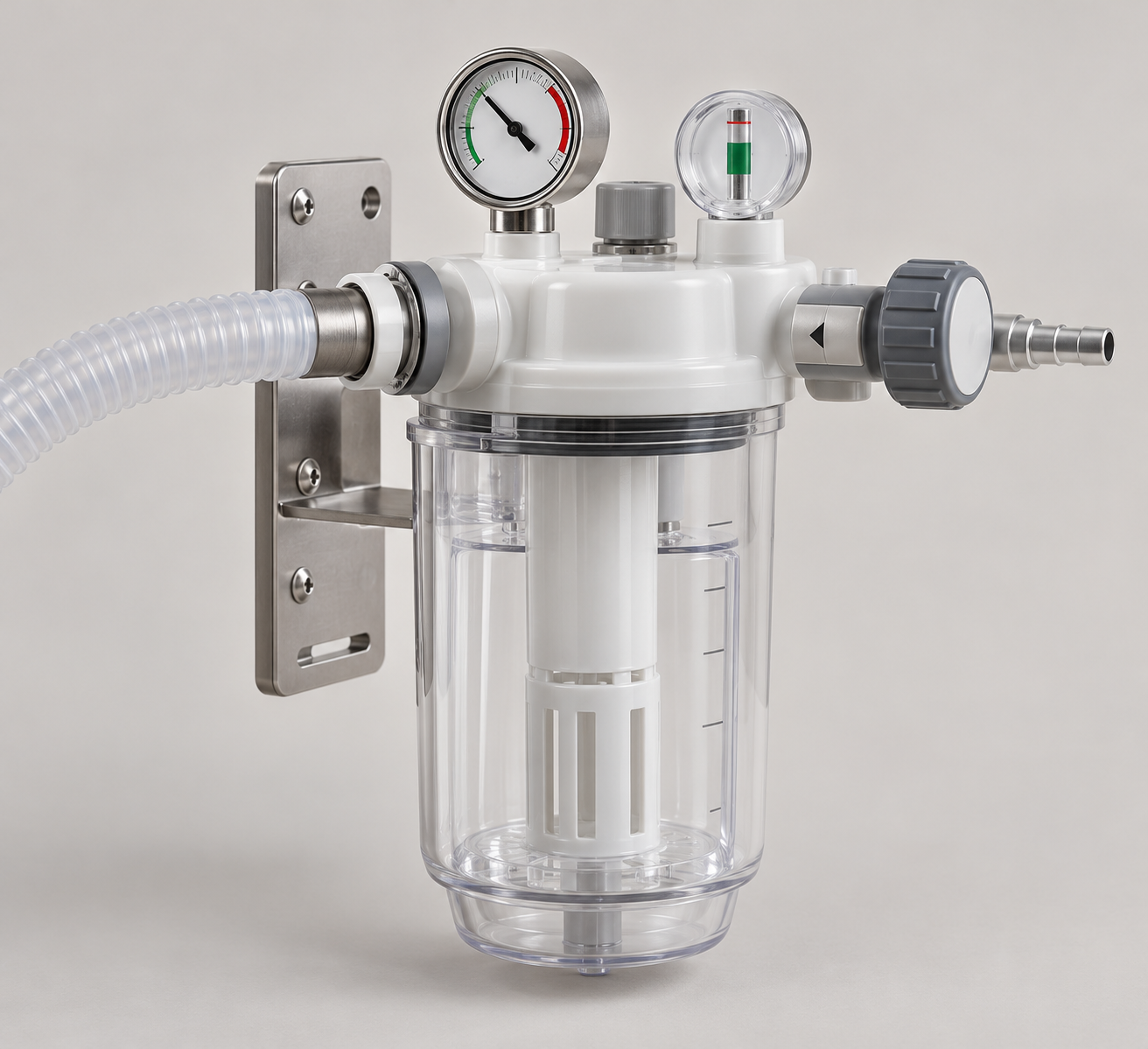 Anaesthetic gas receiving unit with clear chamber, gauge and tubing connections