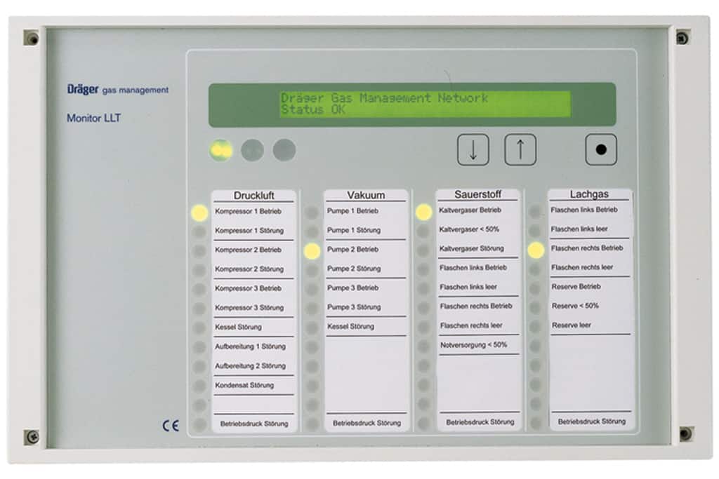 Dräger medical-gas alarm display unit shown as one component of a configurable alarm-management system