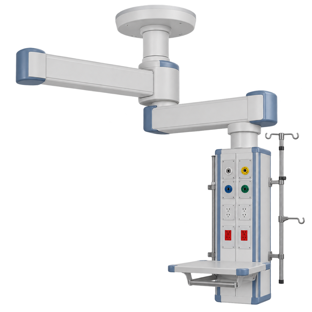Double-arm ceiling supply pendant with a configurable utility column.