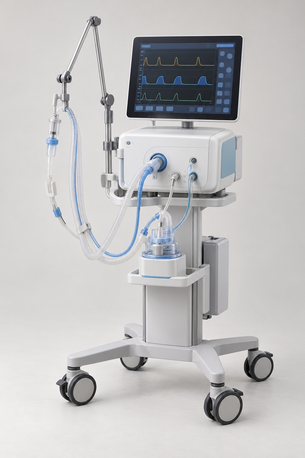 Neonatal intensive-care ventilator on a wheeled stand with display and breathing circuit