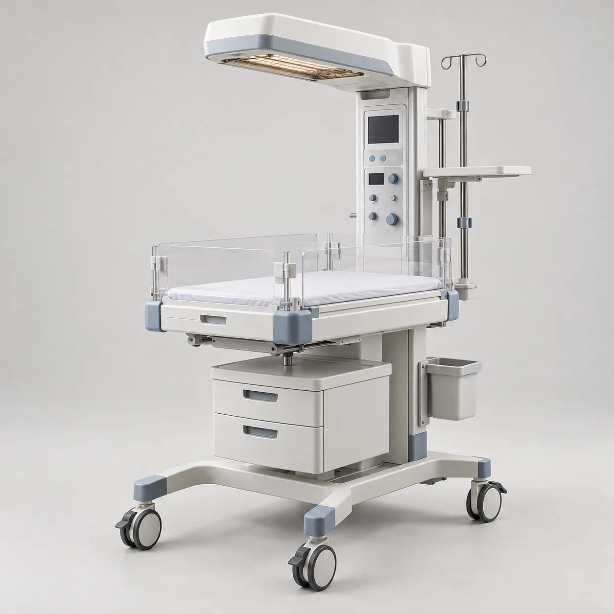 Neonatal open-care radiant warmer with cot and control column