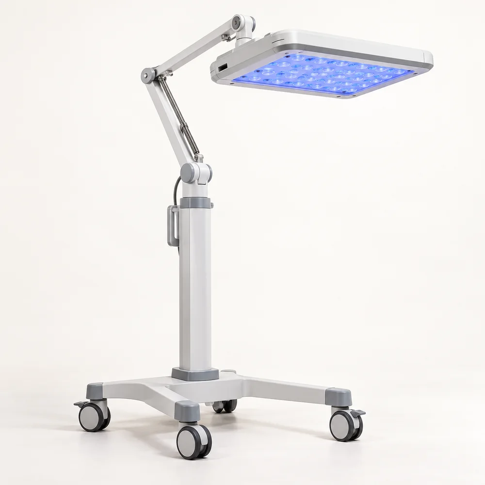 Adjustable neonatal phototherapy light panel on a mobile stand