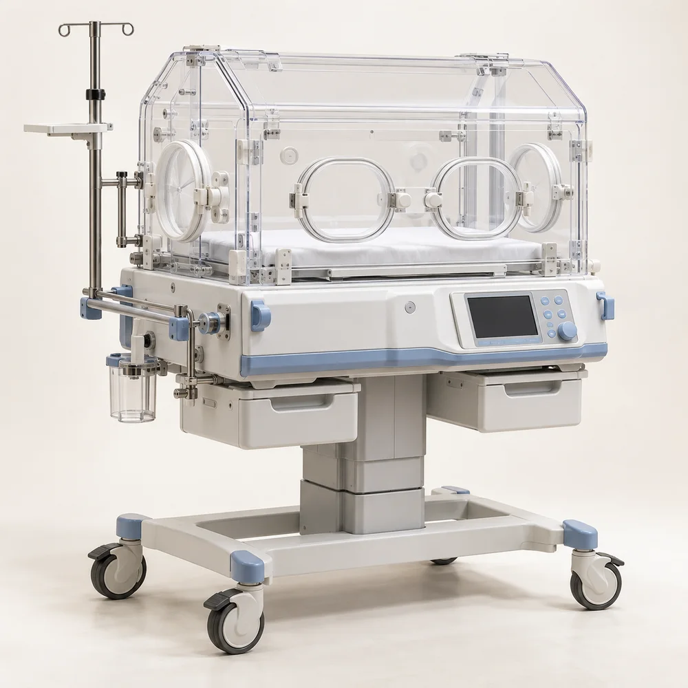 Closed-care neonatal incubator with transparent hood and access ports