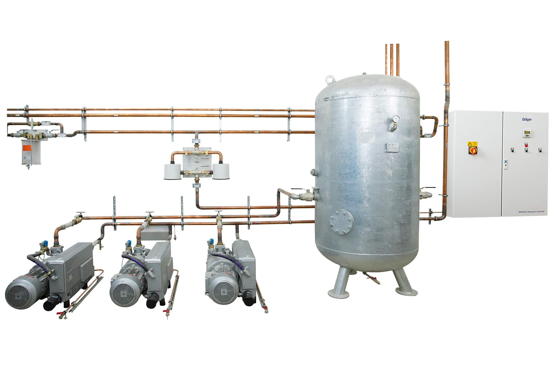 Dräger medical vacuum system installation with pumps, receiver, pipework and control cabinet, manufacturer image
