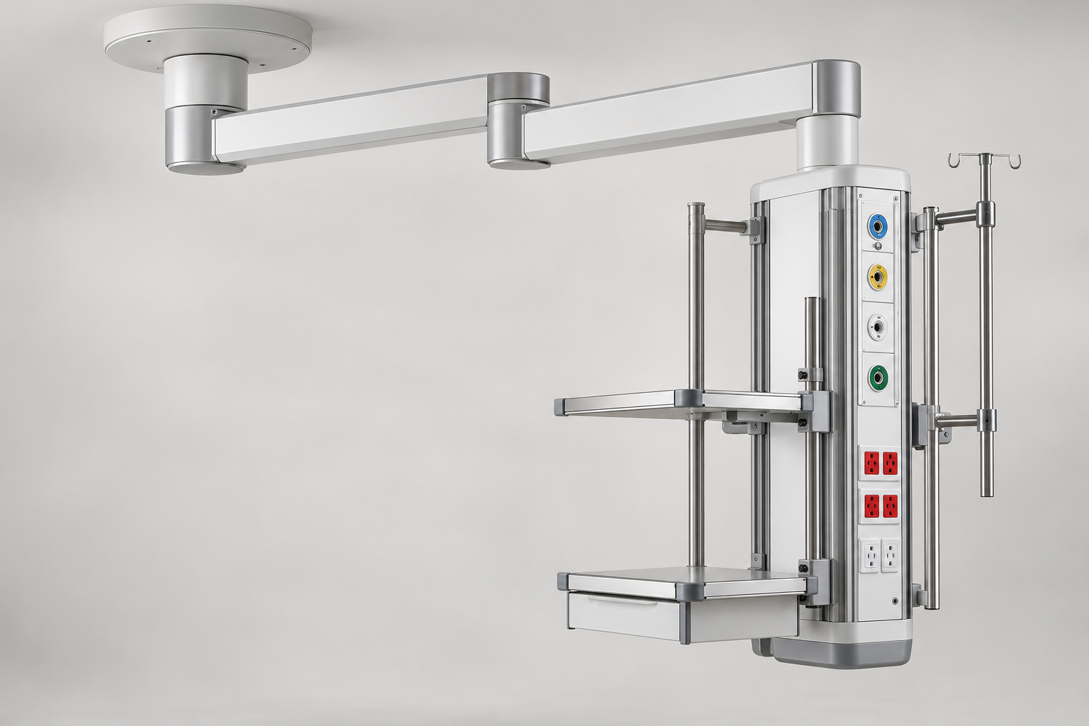 Double-arm ceiling-mounted medical supply pendant with utility column and equipment rails
