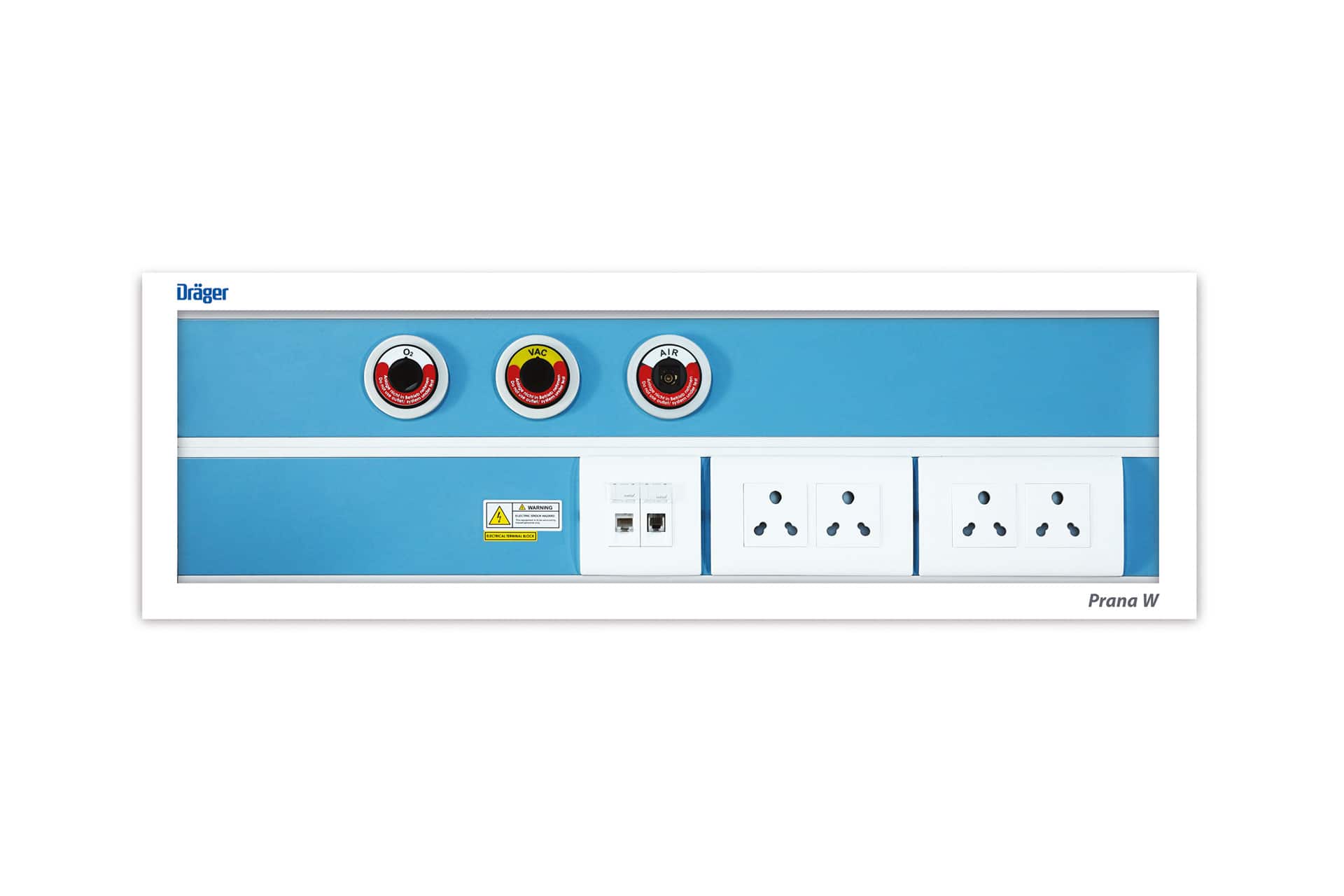 Dräger Prana wall-mounted bed-head unit with medical-gas terminals and electrical connections, example manufacturer configuration