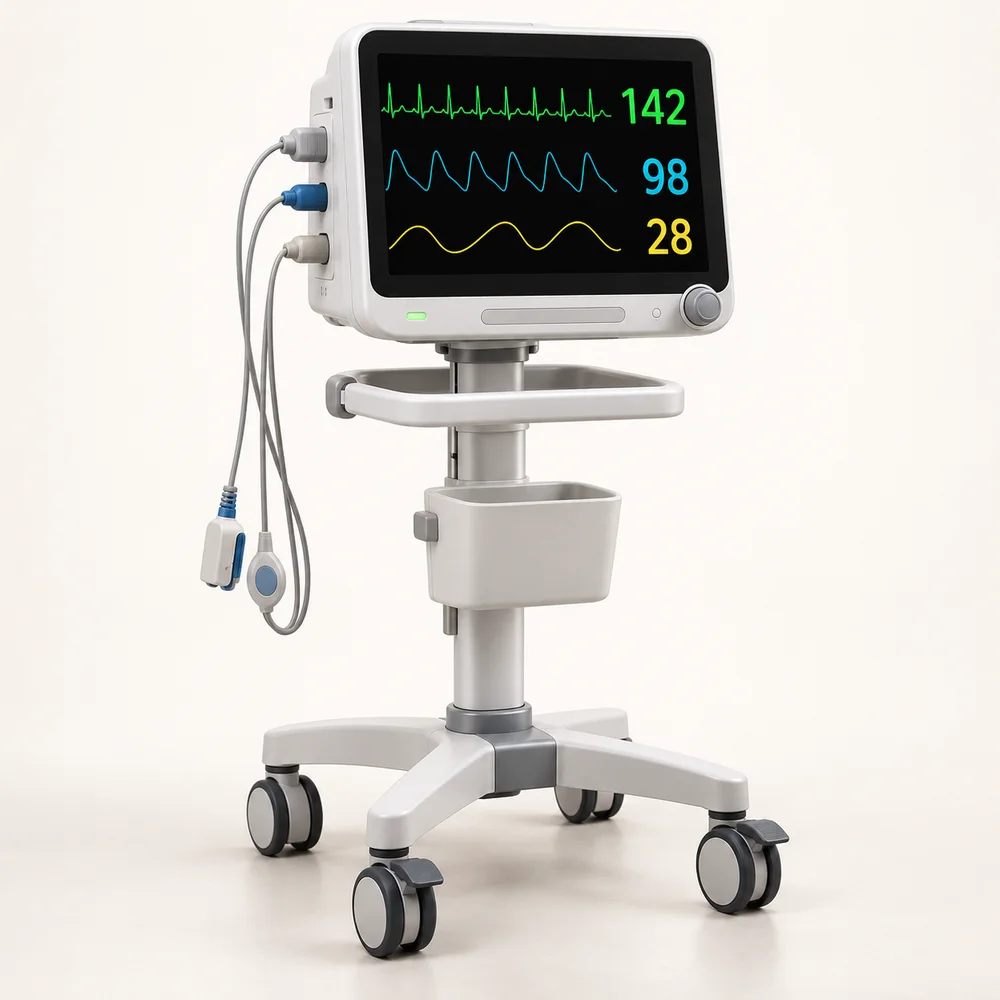Bedside patient monitor on a mobile stand with ECG waveforms and patient sensors