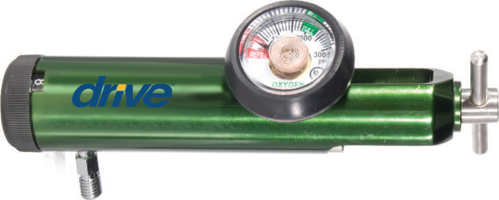 Drive Medical 18302GDEL elongated oxygen cylinder regulator with CGA870 yoke, contents gauge and DISS outlet, exact manufacturer product image