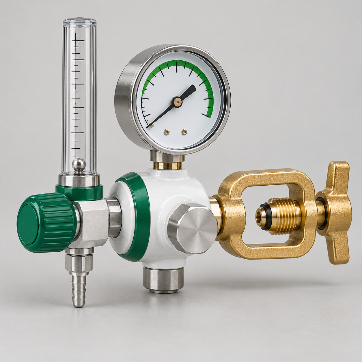 Oxygen cylinder regulator with pressure gauge, flow selector and yoke connector