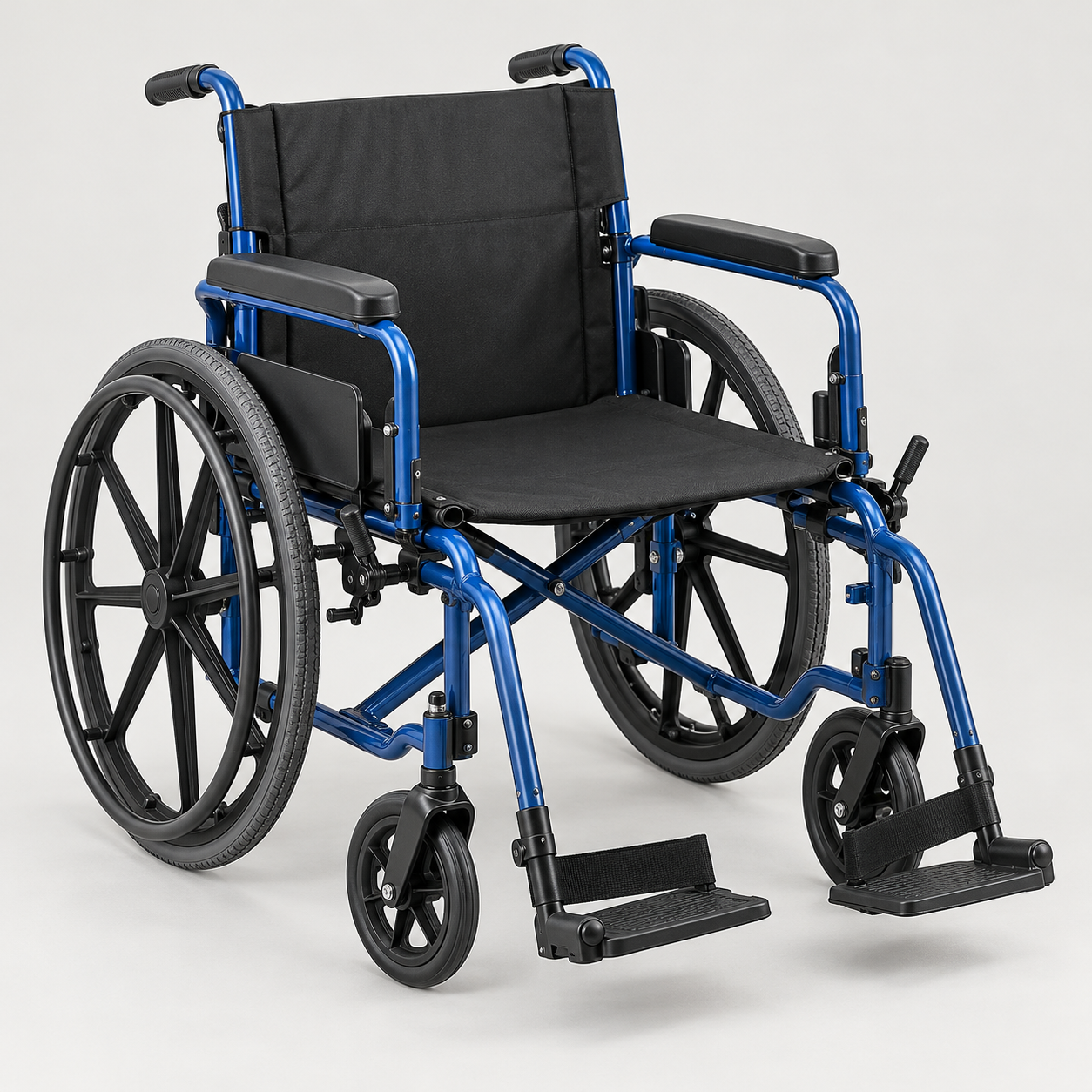 Manual folding wheelchair with blue frame, padded armrests and swing-away footrests