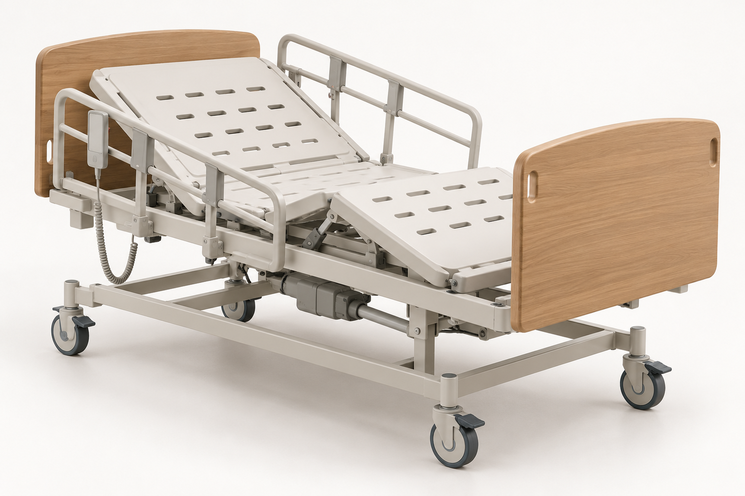 Unbranded semi-electric adjustable patient bed with side rails and pendant