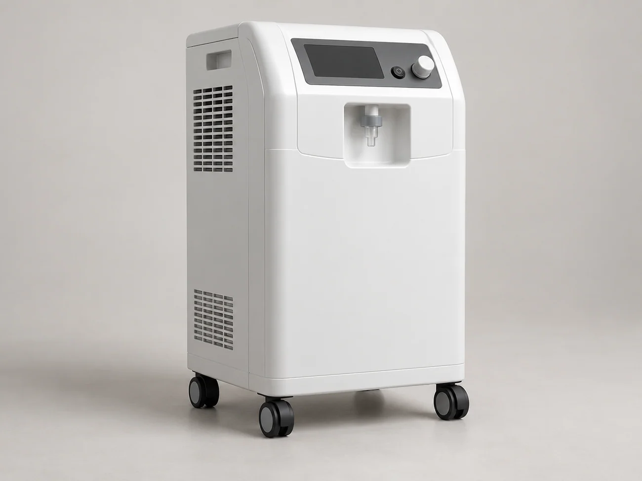 High-flow stationary oxygen concentrator with a blank control panel and caster wheels